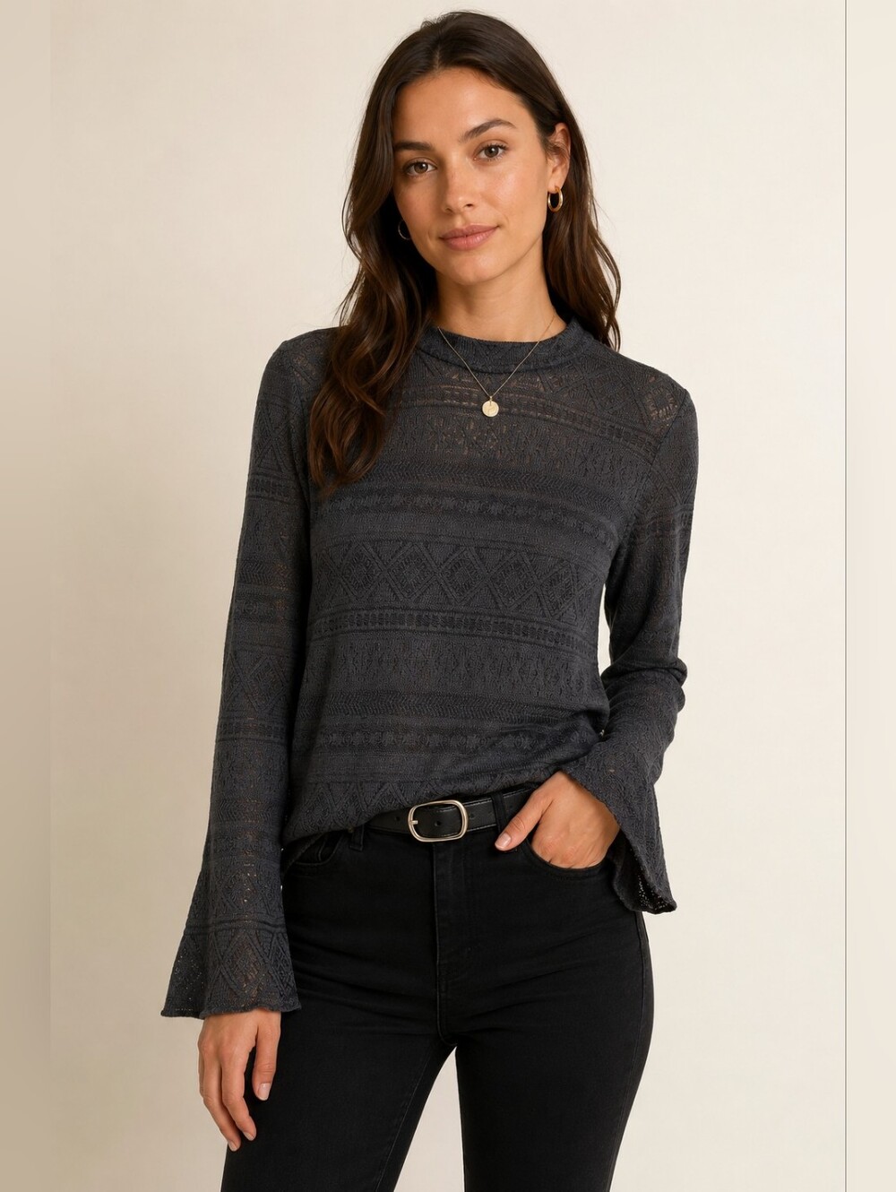 ✨ LOFT Textured Knit Bell Sleeve Sweater Top ✨🖤 Chic minimalist meets cozy boh